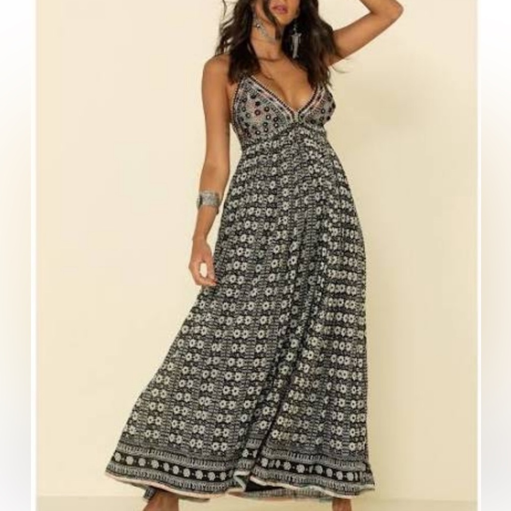 Free People Good Vibes Geometric Print Beaded Sequin Triangle Top Maxi Dress - Picture 3 of 16